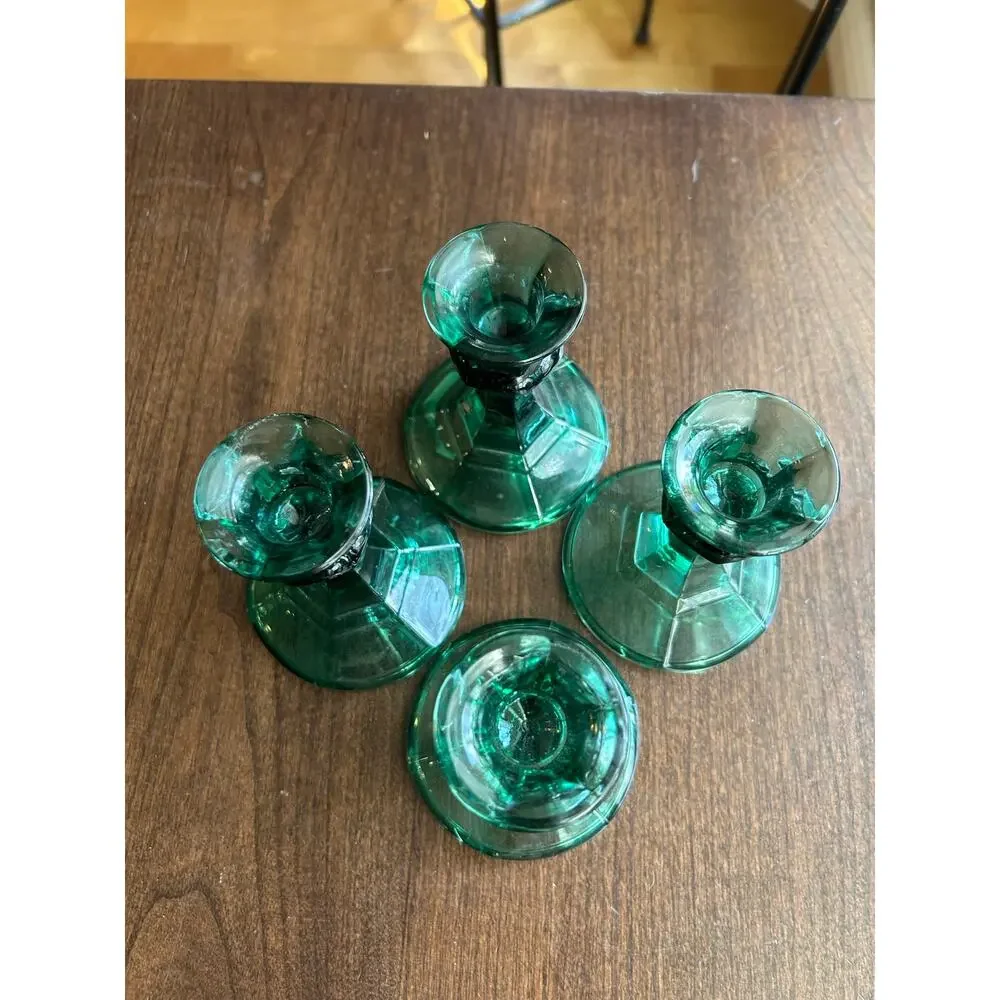 4 Vintage Emerald Green Indiana Glass Candlestick Holders
